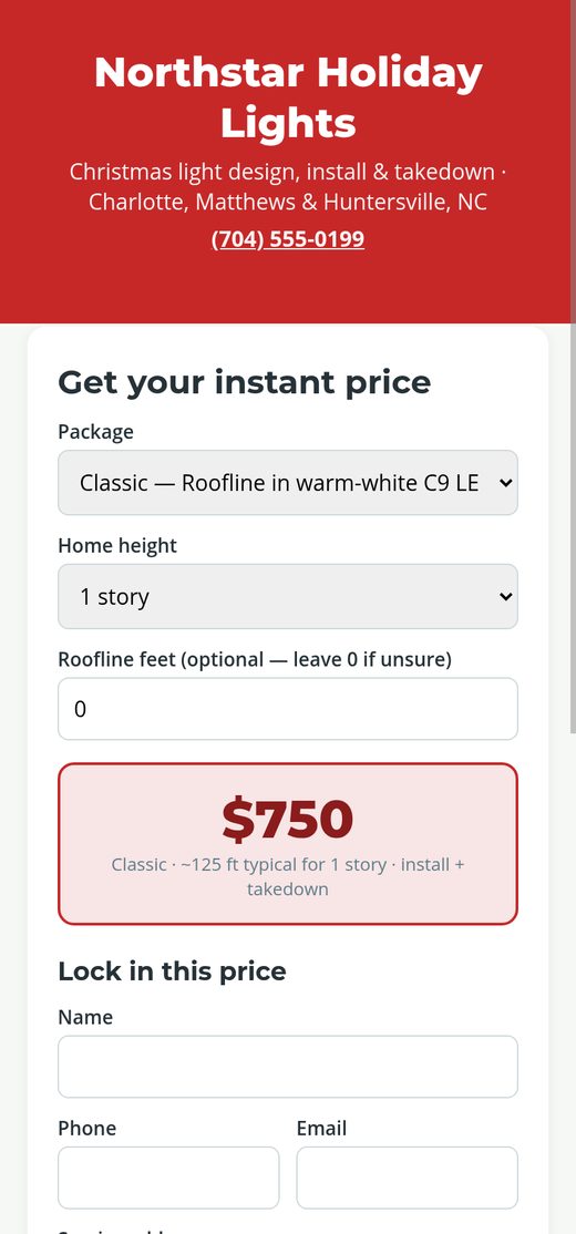 Instant-quote page for a Christmas light business on a phone