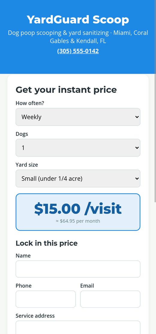 Instant-quote page for a pooper scooper business on a phone